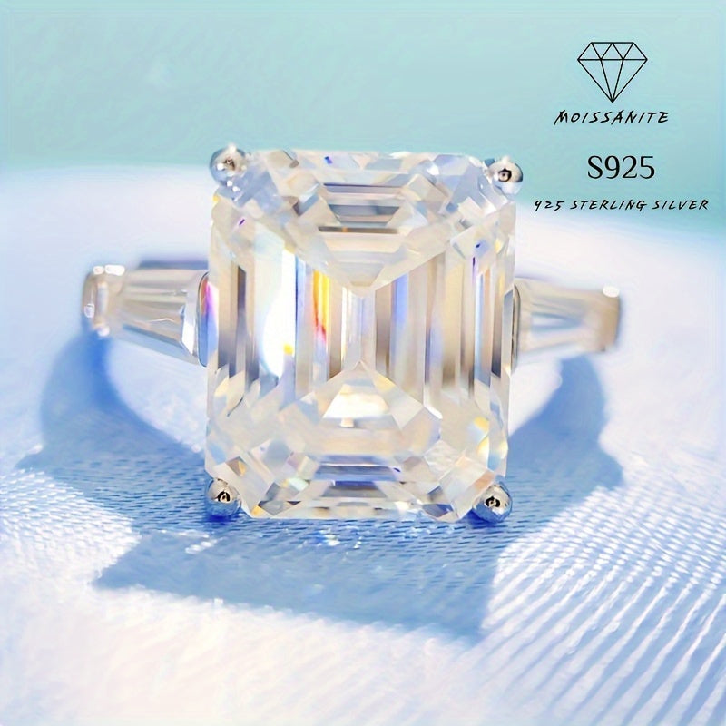 Sterling Silver Emerald Cut Moissanite Ring for Women with Gift Box