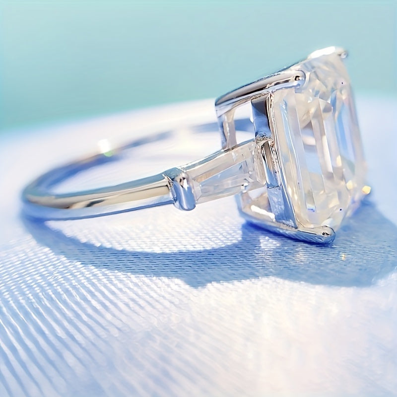Sterling Silver Emerald Cut Moissanite Ring for Women with Gift Box