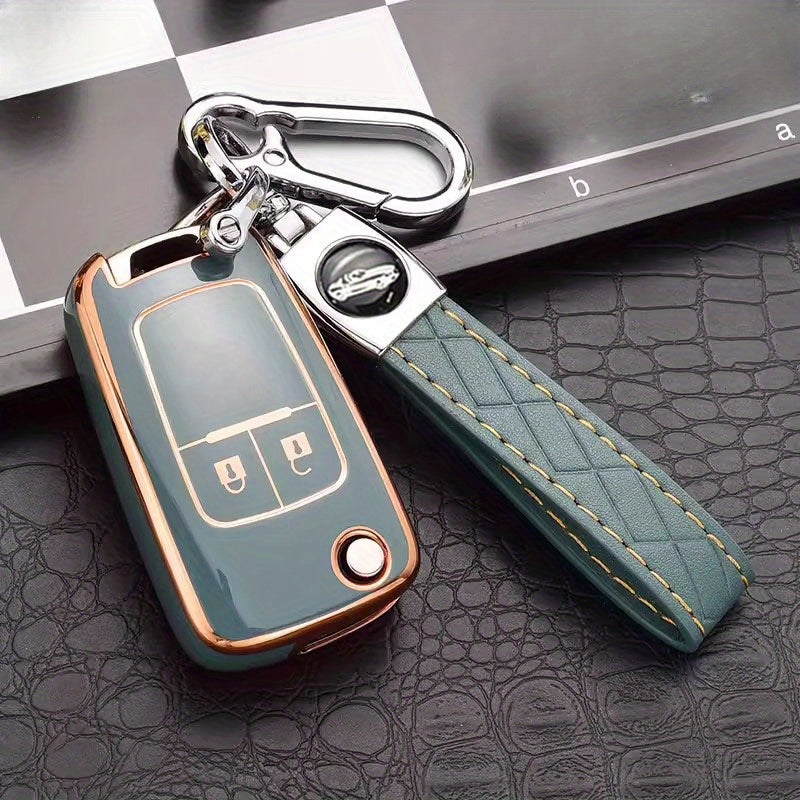Universal TPU Flip Key Fob Cover with Keychain for Cars Teal Gold Accents