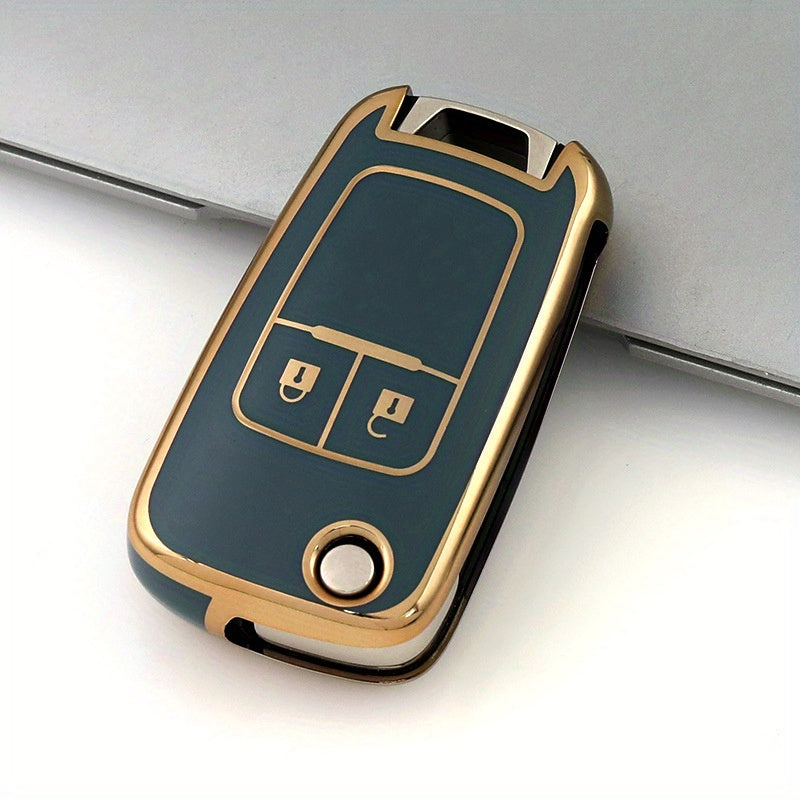 Universal TPU Flip Key Fob Cover with Keychain for Cars Teal Gold Accents