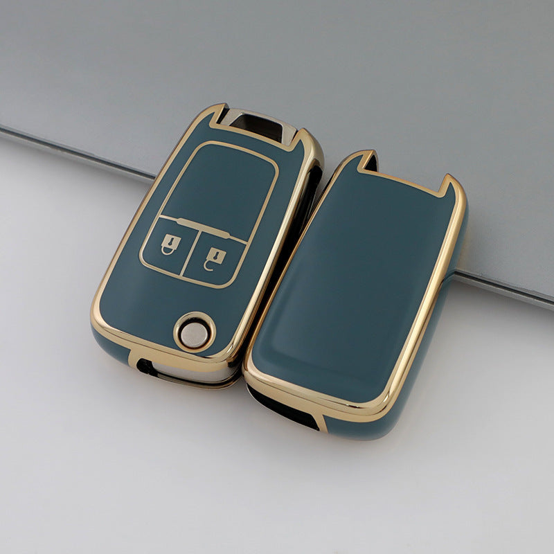 Universal TPU Flip Key Fob Cover with Keychain for Cars Teal Gold Accents