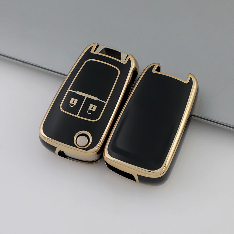 Universal TPU Flip Key Fob Cover with Keychain for Cars Teal Gold Accents