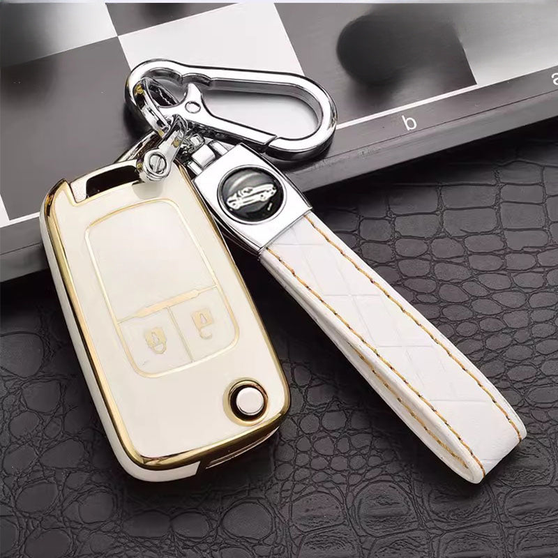 Universal TPU Flip Key Fob Cover with Keychain for Cars Teal Gold Accents