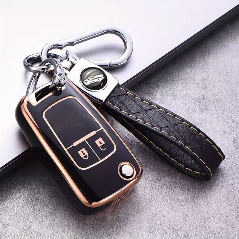 Universal TPU Flip Key Fob Cover with Keychain for Cars Teal Gold Accents