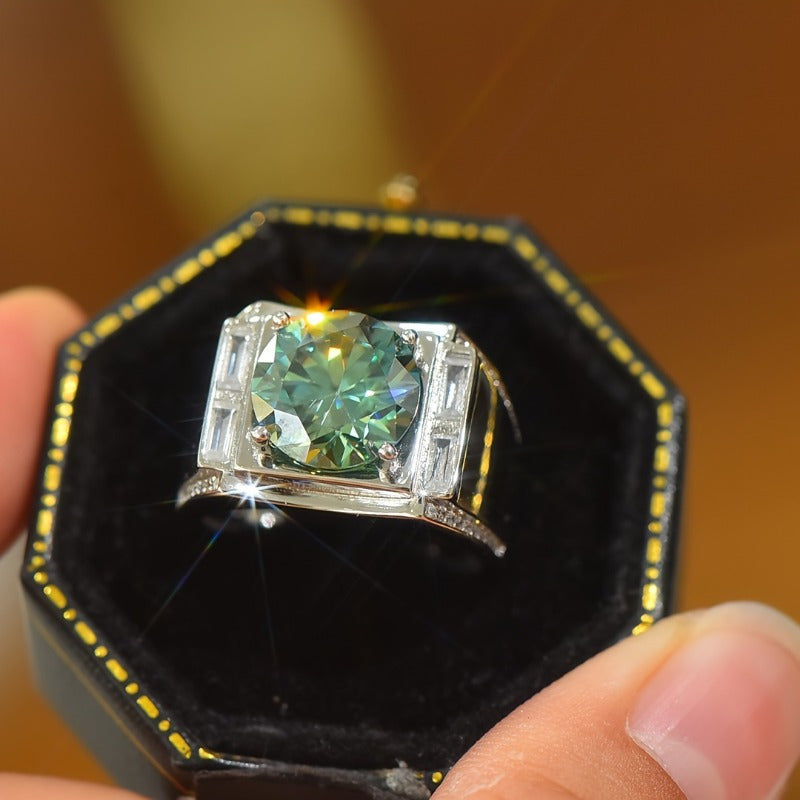 Blue-Green Moissanite Engagement Ring 5K Sterling Silver Wedding Jewelry