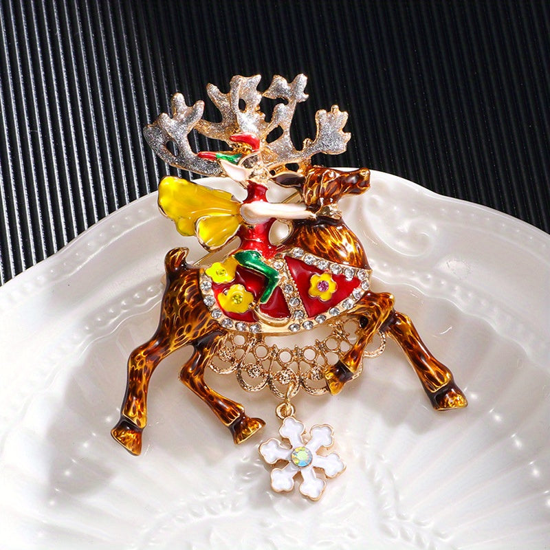 Enamel and Rhinestone Reindeer Brooch with Snowflake Pendant Christmas Deer Pin for Men Women