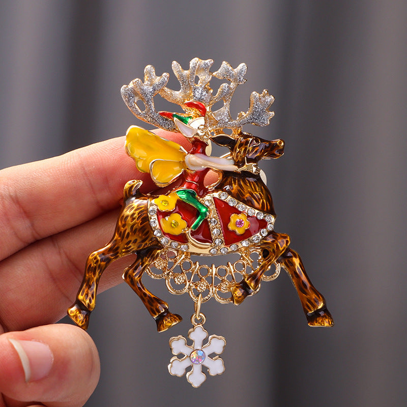 Enamel and Rhinestone Reindeer Brooch with Snowflake Pendant Christmas Deer Pin for Men Women