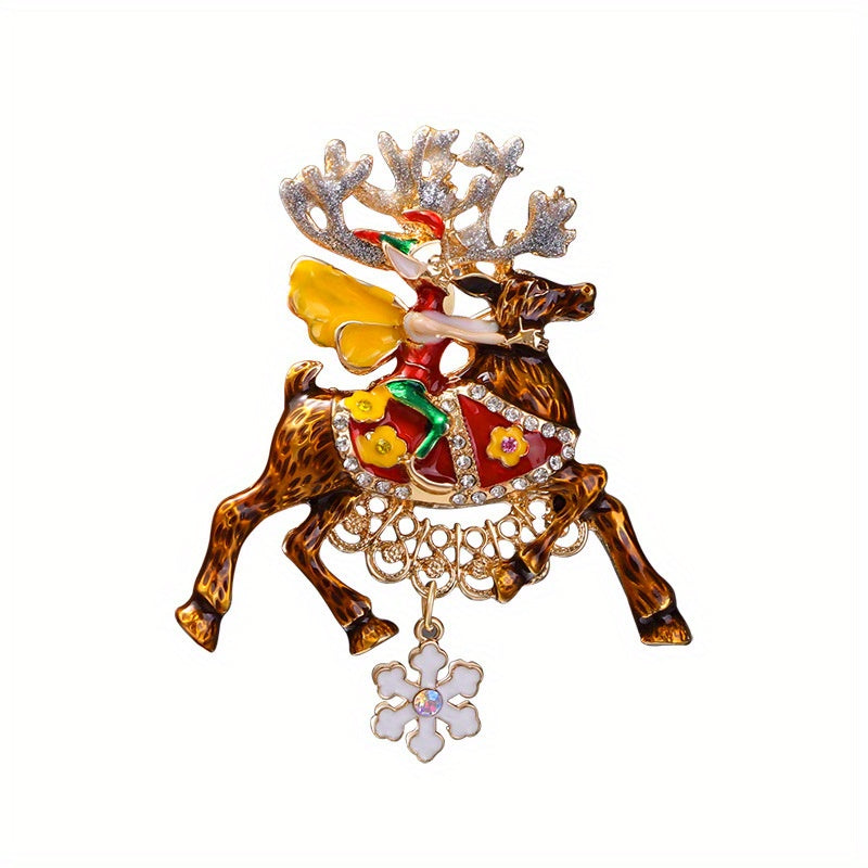 Enamel and Rhinestone Reindeer Brooch with Snowflake Pendant Christmas Deer Pin for Men Women