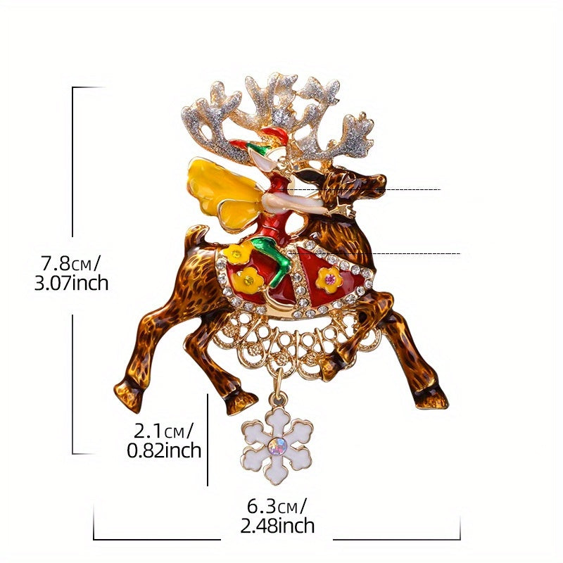 Enamel and Rhinestone Reindeer Brooch with Snowflake Pendant Christmas Deer Pin for Men Women