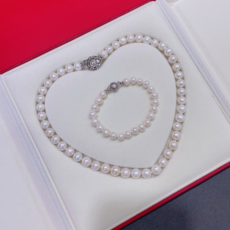 Elegant Freshwater Pearl Jewelry Set with Camellia Clasp Necklace and Bracelet for Special Occasions