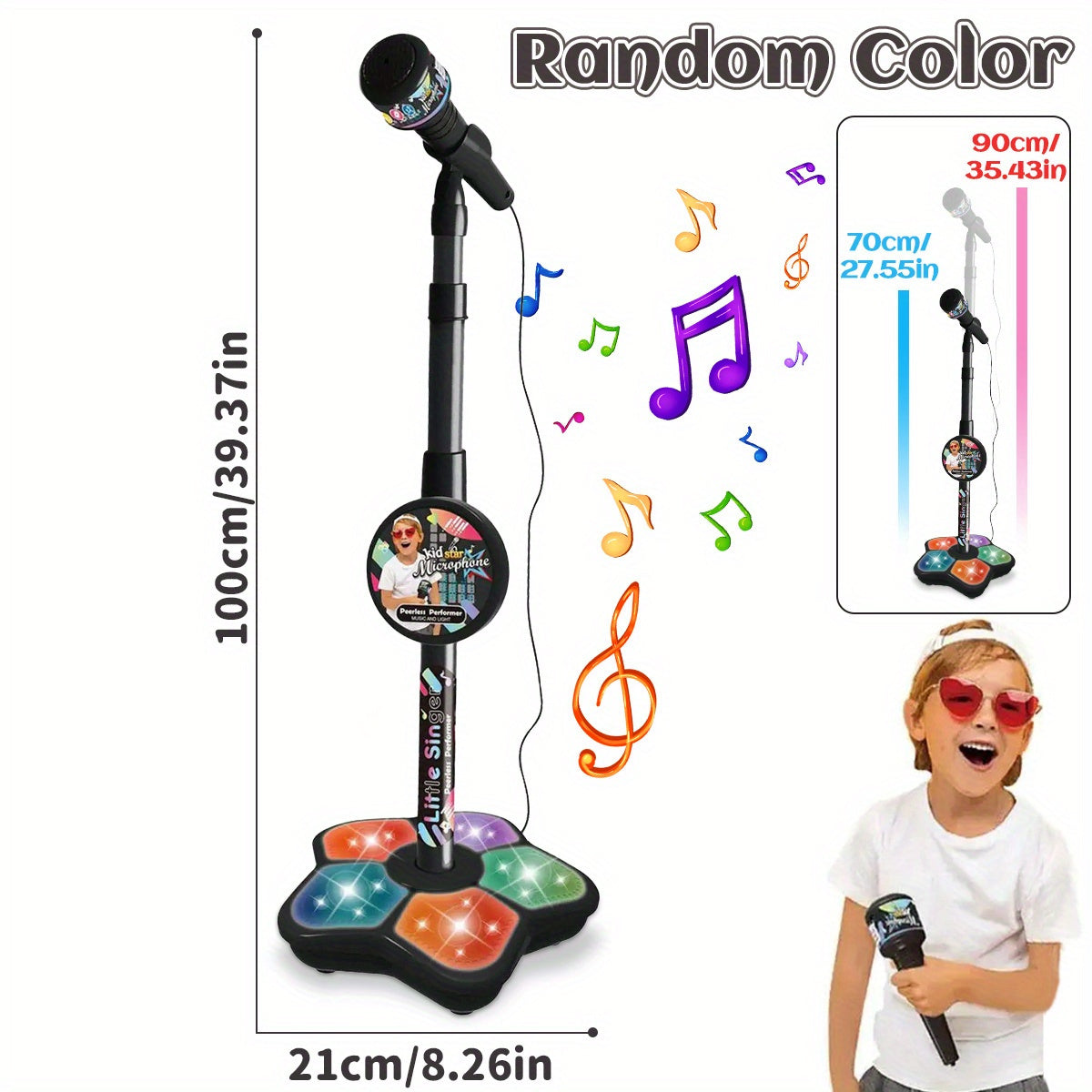 Kids Karaoke Microphone Toy with LED Lights, Adjustable Stand, for Ages 3-6