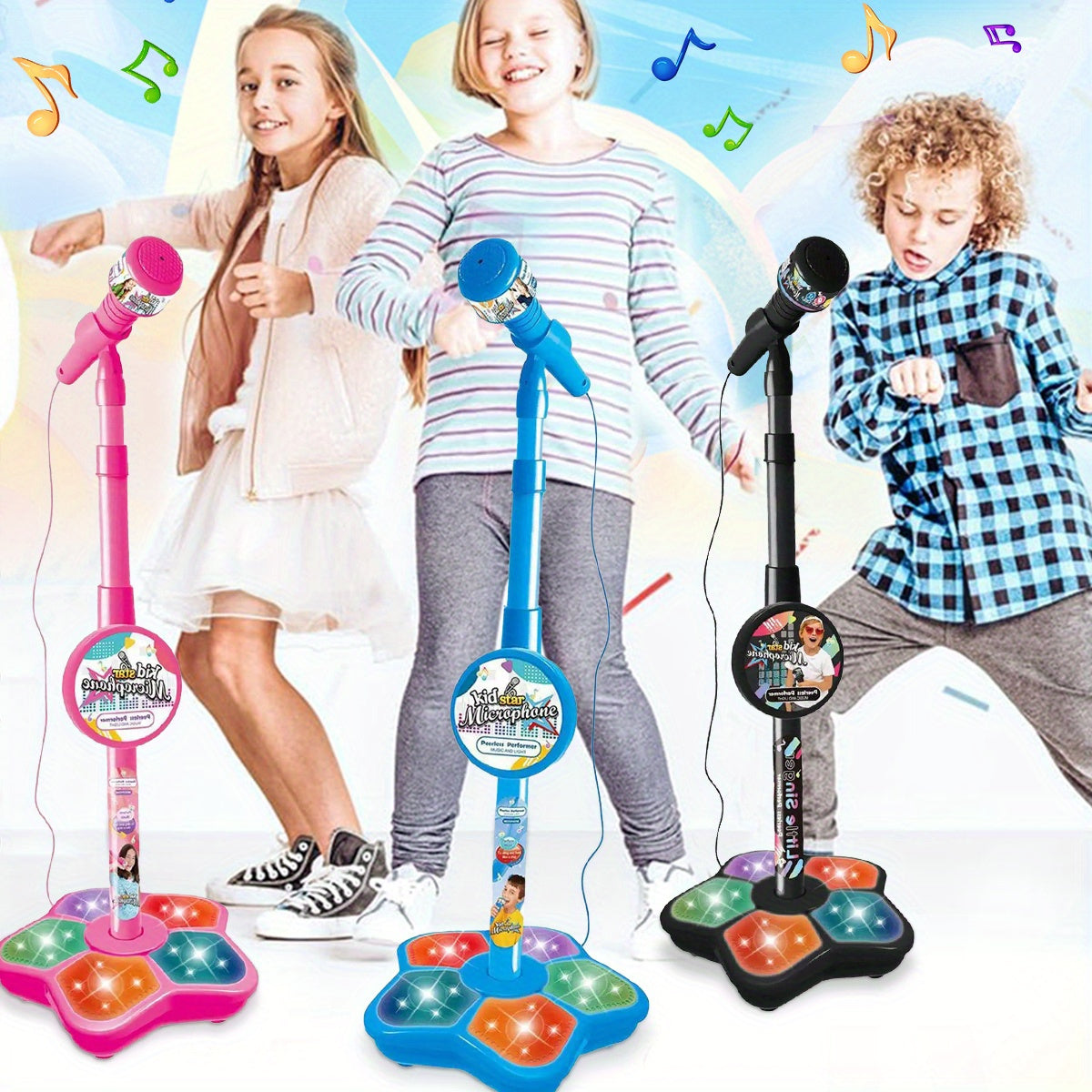 Kids Karaoke Microphone Toy with LED Lights, Adjustable Stand, for Ages 3-6