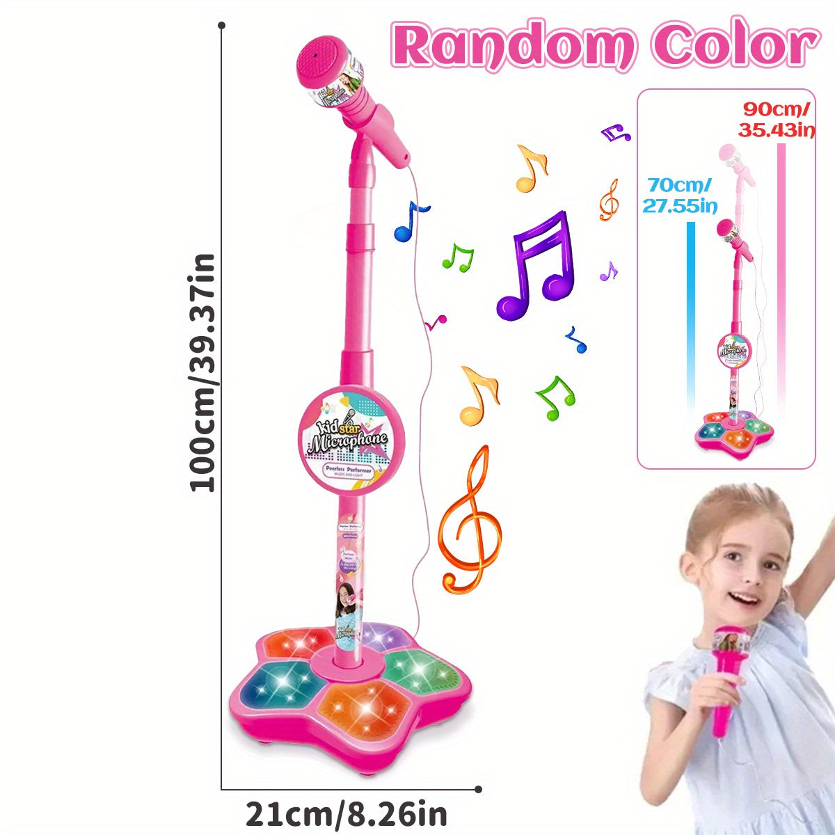 Kids Karaoke Microphone Toy with LED Lights, Adjustable Stand, for Ages 3-6