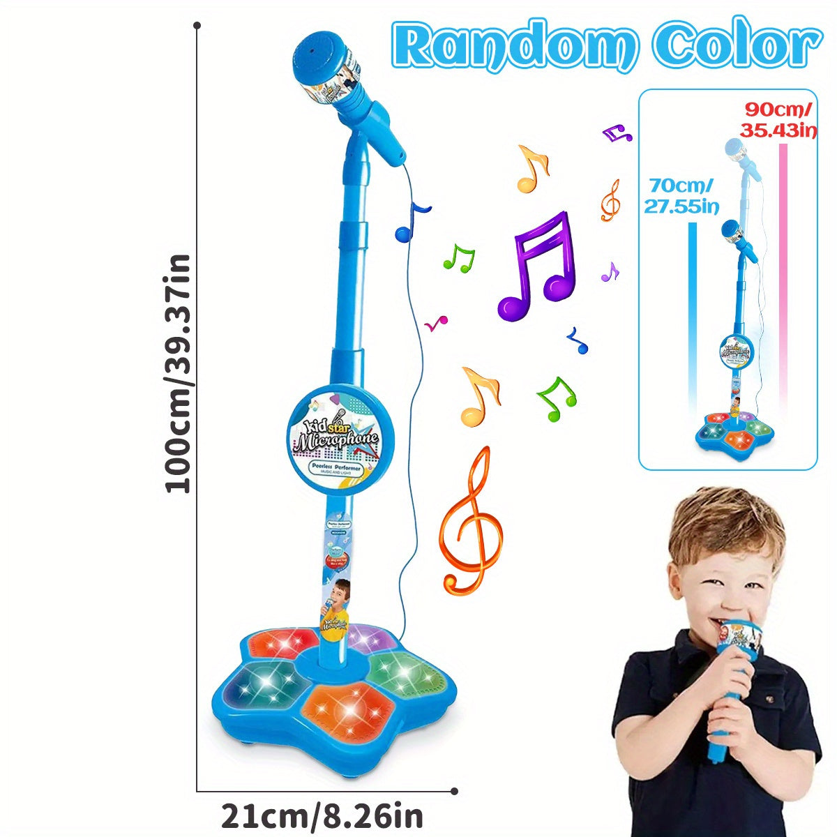 Kids Karaoke Microphone Toy with LED Lights, Adjustable Stand, for Ages 3-6