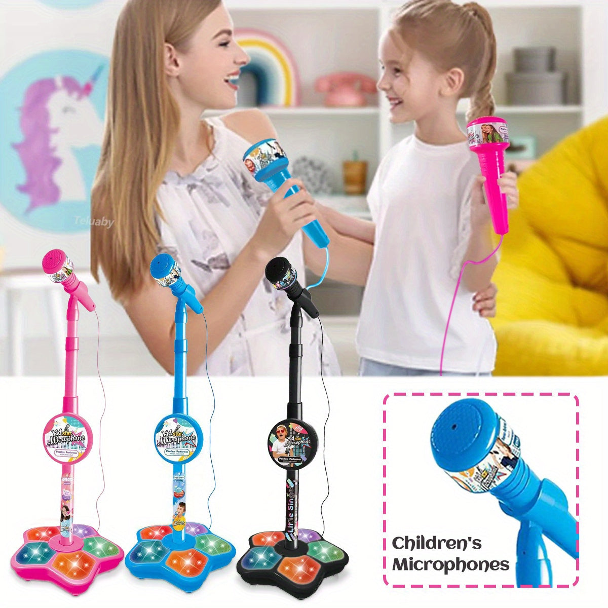 Kids Karaoke Microphone Toy with LED Lights, Adjustable Stand, for Ages 3-6