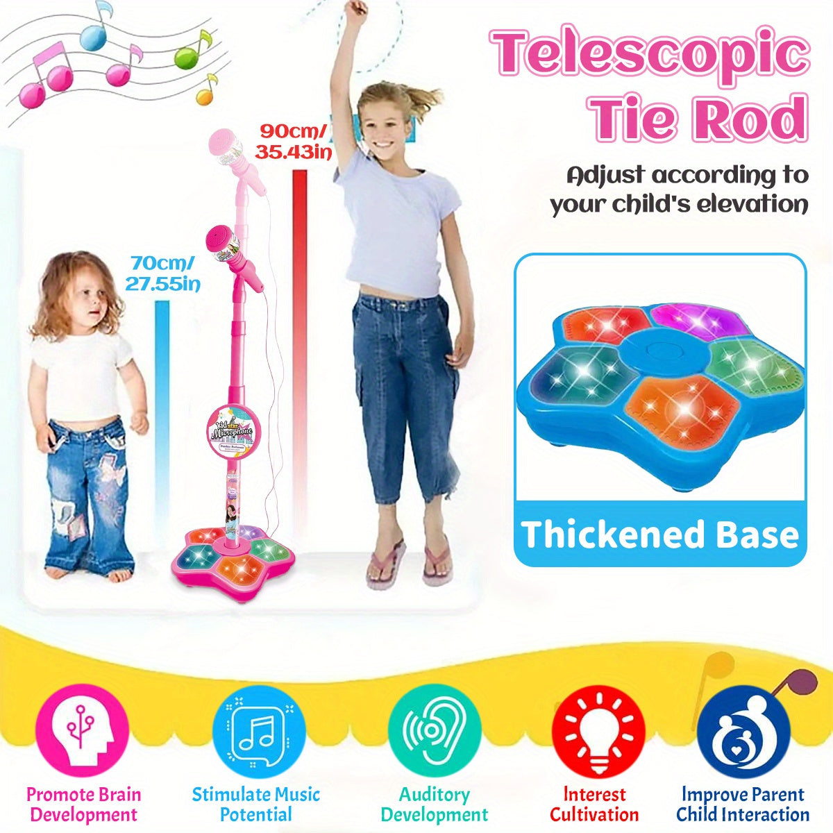 Kids Karaoke Microphone Toy with LED Lights, Adjustable Stand, for Ages 3-6