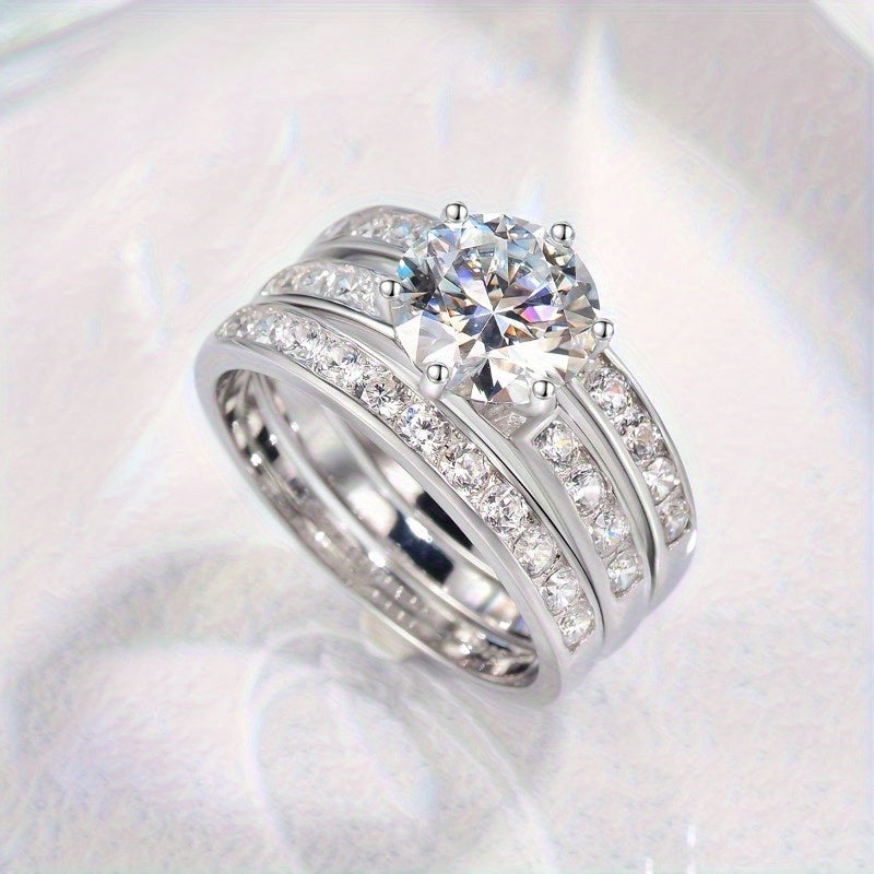 Three 6.5g Moissanite Silver Rings Set 2 Carats Engagement Wedding Jewelry