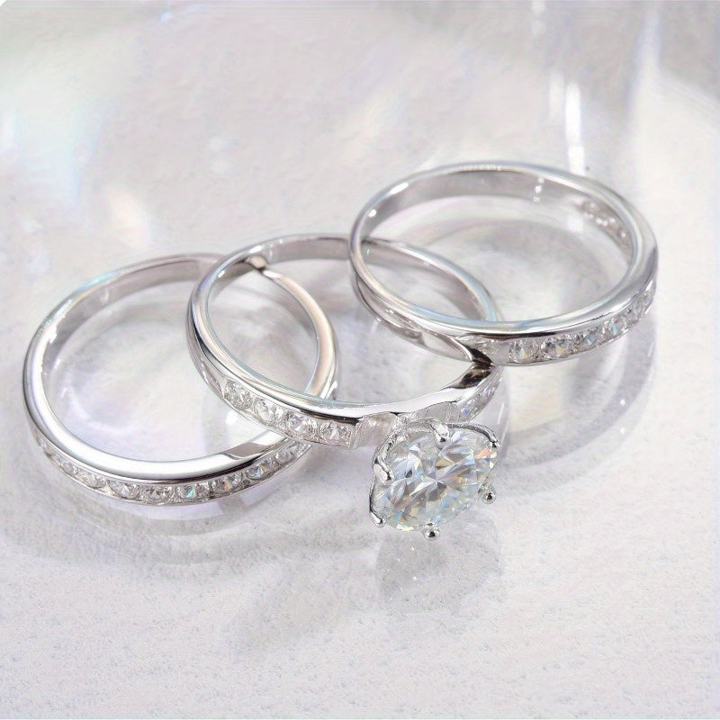 Three 6.5g Moissanite Silver Rings Set 2 Carats Engagement Wedding Jewelry