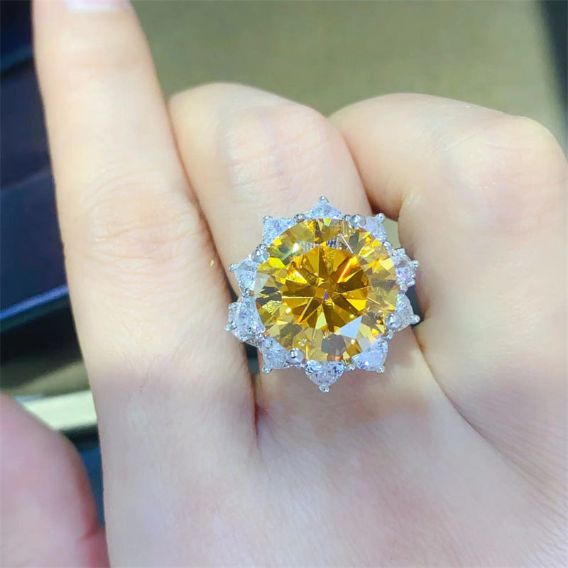 Sterling Silver 10 Carat Yellow Champagne Sunflower Ring Moissanite Gift