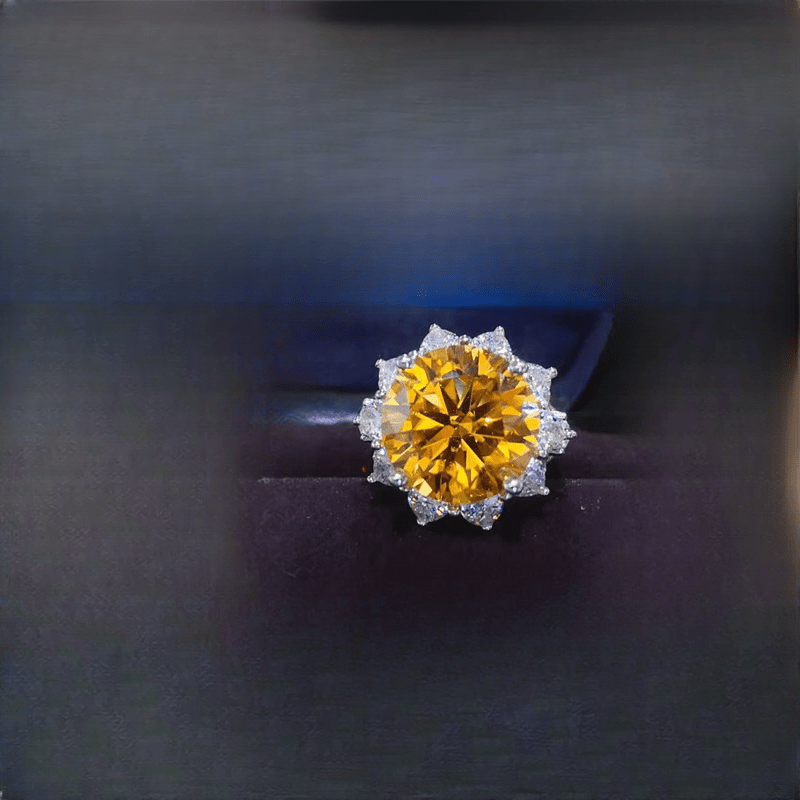Sterling Silver 10 Carat Yellow Champagne Sunflower Ring Moissanite Gift