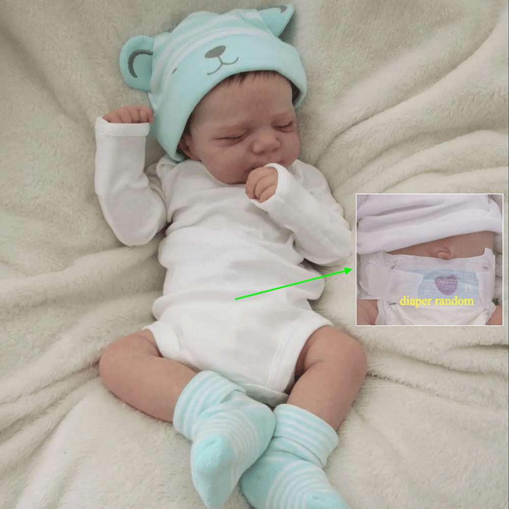 18-Inch Reborn Girl Doll with Blue Bear Hat Soft Vinyl Lifelike Sleeping Pose for Children 3+