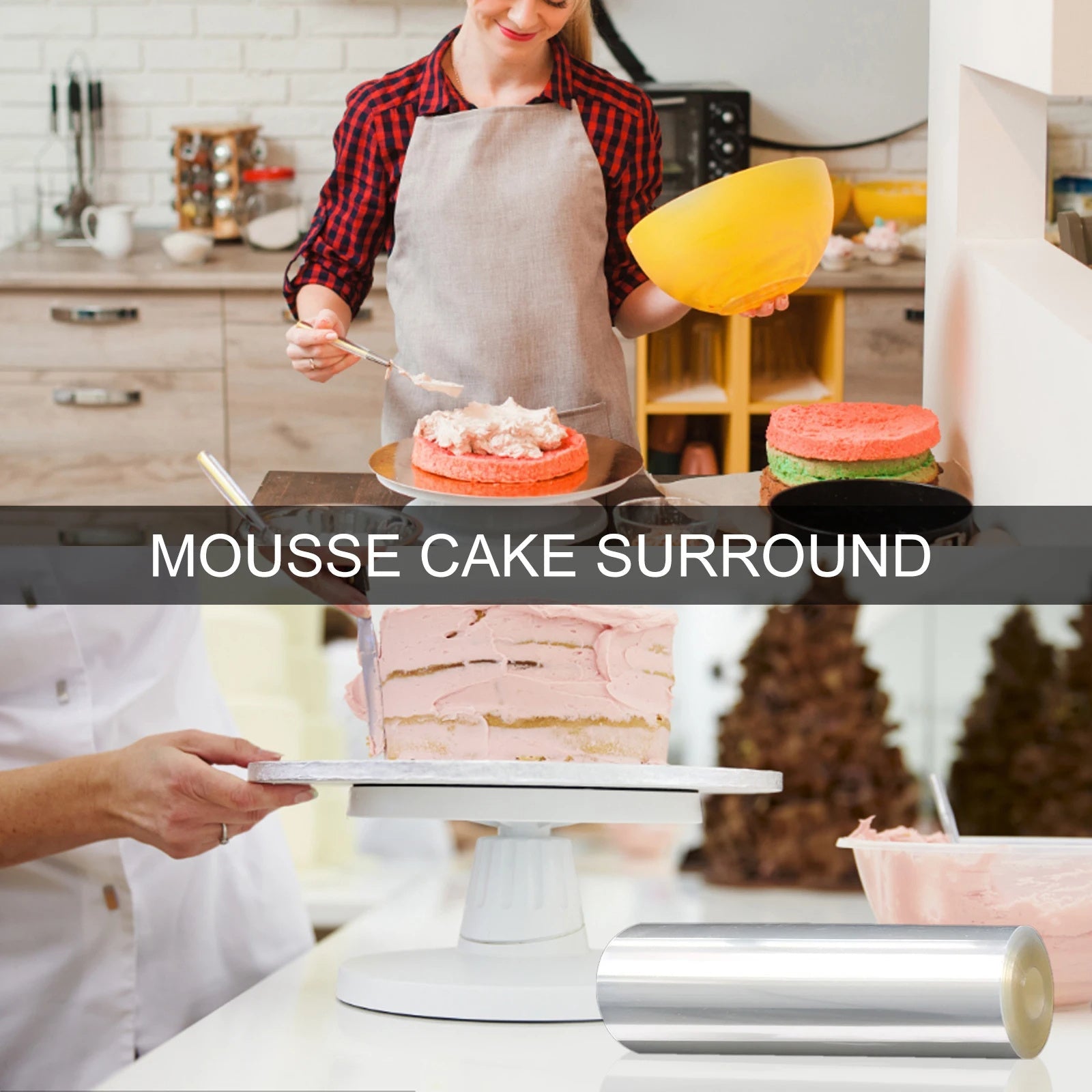 Shaffof asetat shokoladli konfet pishirish filmi bilan tayyorlangan qayta ishlatiladigan PET tort qopqog'i, qulflanishi bilan, muzlatgichda saqlash uchun mos. O'lchamlari 8 sm x 10 m yoki 10 sm x 10 m da mavjud.