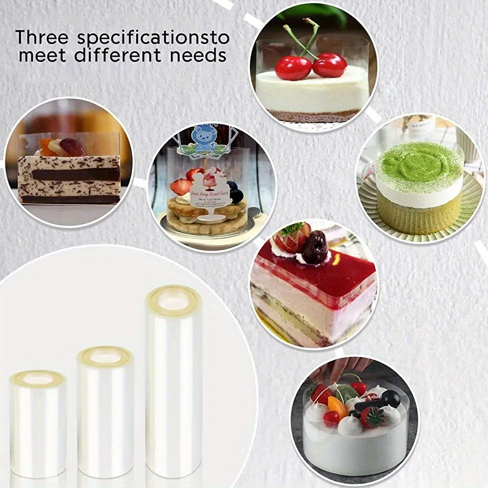 Shaffof asetat shokoladli konfet pishirish filmi bilan tayyorlangan qayta ishlatiladigan PET tort qopqog'i, qulflanishi bilan, muzlatgichda saqlash uchun mos. O'lchamlari 8 sm x 10 m yoki 10 sm x 10 m da mavjud.