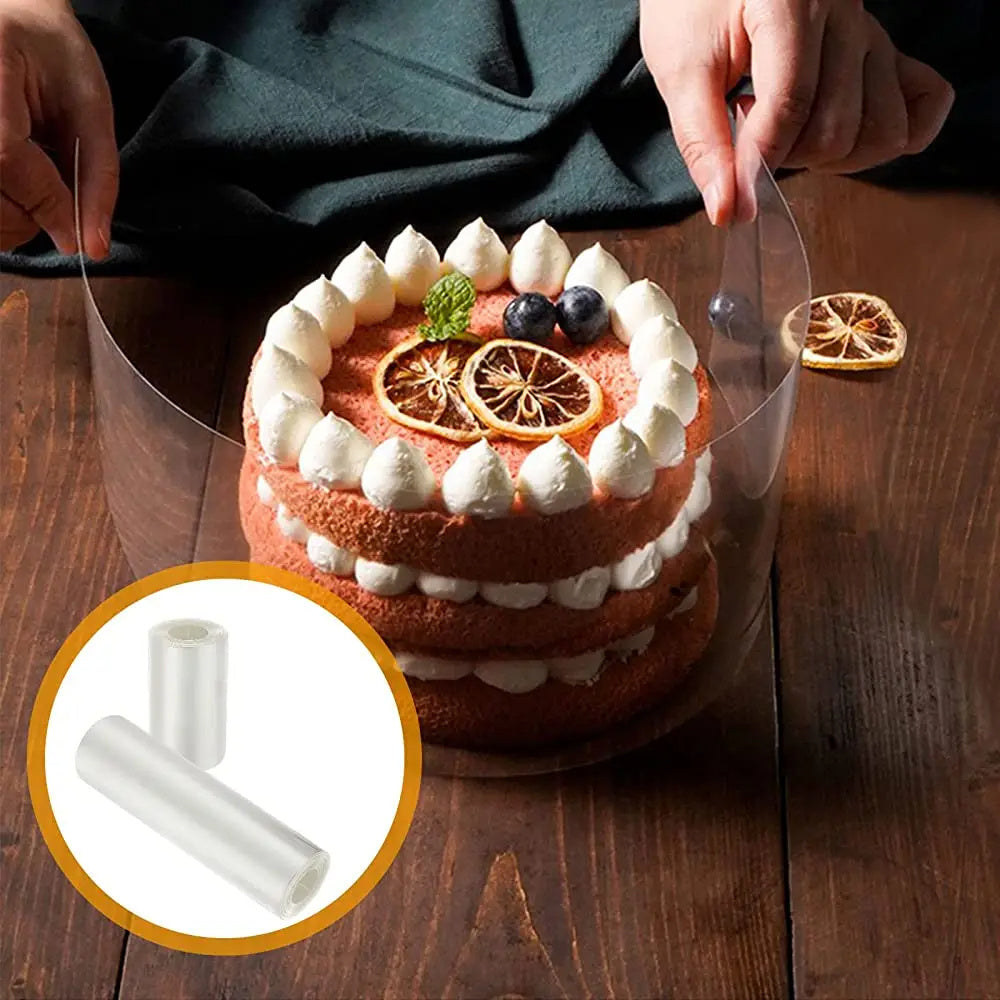 Shaffof asetat shokoladli konfet pishirish filmi bilan tayyorlangan qayta ishlatiladigan PET tort qopqog'i, qulflanishi bilan, muzlatgichda saqlash uchun mos. O'lchamlari 8 sm x 10 m yoki 10 sm x 10 m da mavjud.