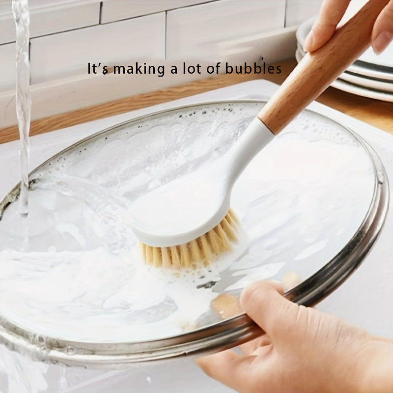 Wooden Long Handle Kitchen Brush Multipurpose Non-Scratch Pot Scrubber for Pots and Pans