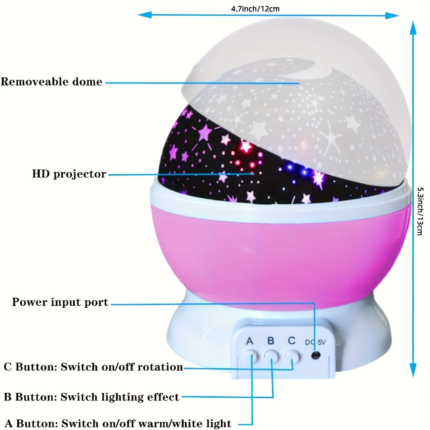 Night Light Projector Lamp 11.94cm Starry Sky with Moon and Stars 360° Rotation 9 Color Options