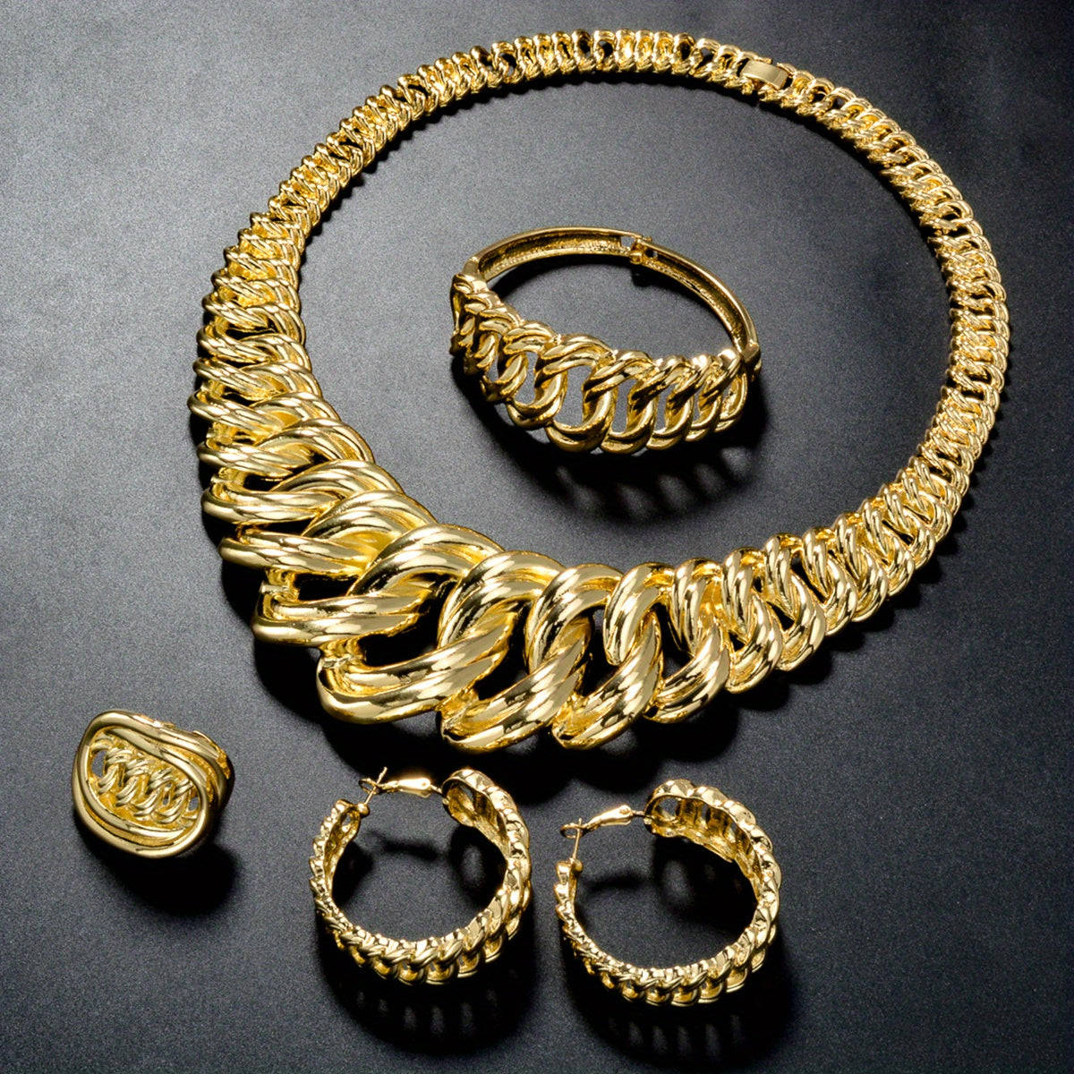 Women's Copper Jewelry Set with Interlocked Circle Choker Earrings Bracelet Ring