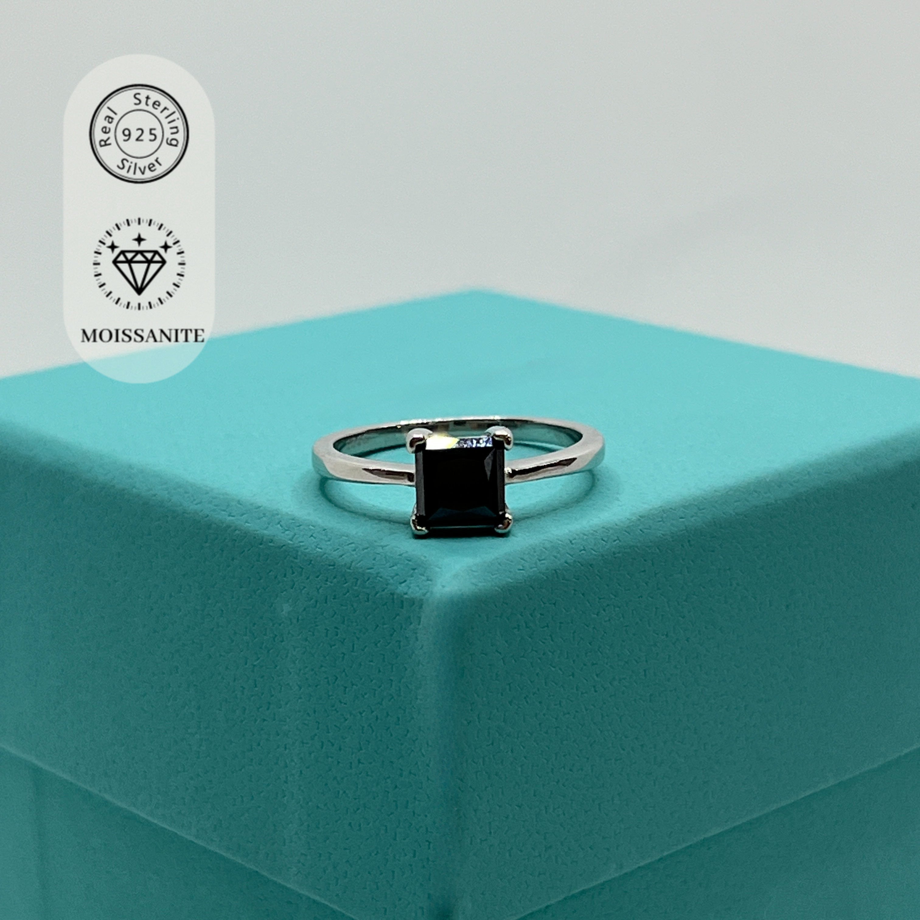 Black Moissanite Princess Cut Ring 1 Carat Four-Claw Engagement Jewelry