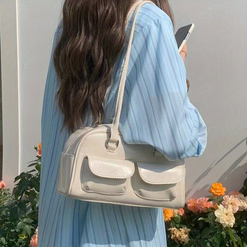 Zamonaviy ayollar uchun retro yelka sumkasi, katta sig'imli, porloq qoplama, zip yopilishi, bir rangda (qora/kolada/oq/ko'k). Ishga borish va har kuni foydalanish uchun ideal, yangilik sumkasi.