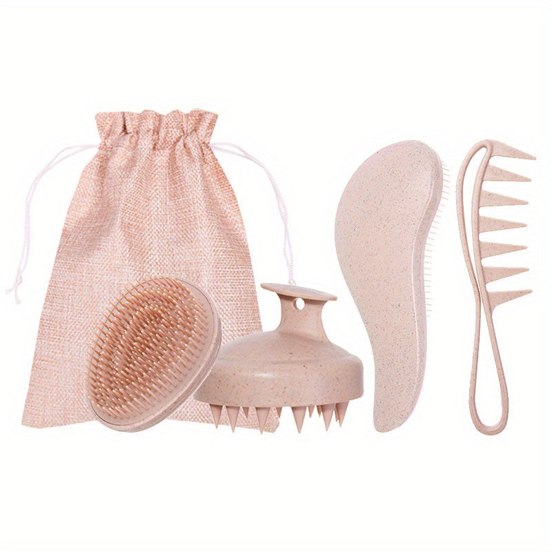 Set de peines para el cabello de paja de trigo de 5 piezas con cepillo de masaje y bolsa de regalo