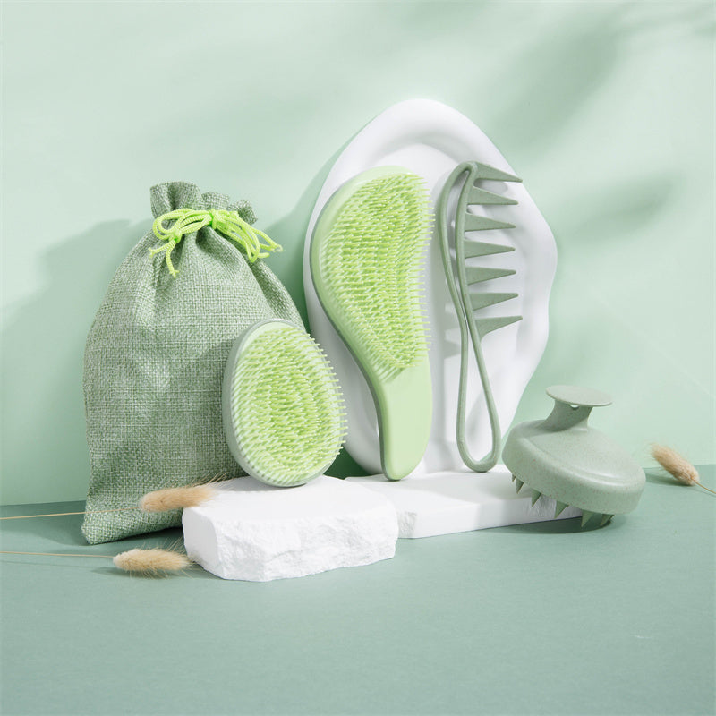 Set de peines para el cabello de paja de trigo de 5 piezas con cepillo de masaje y bolsa de regalo