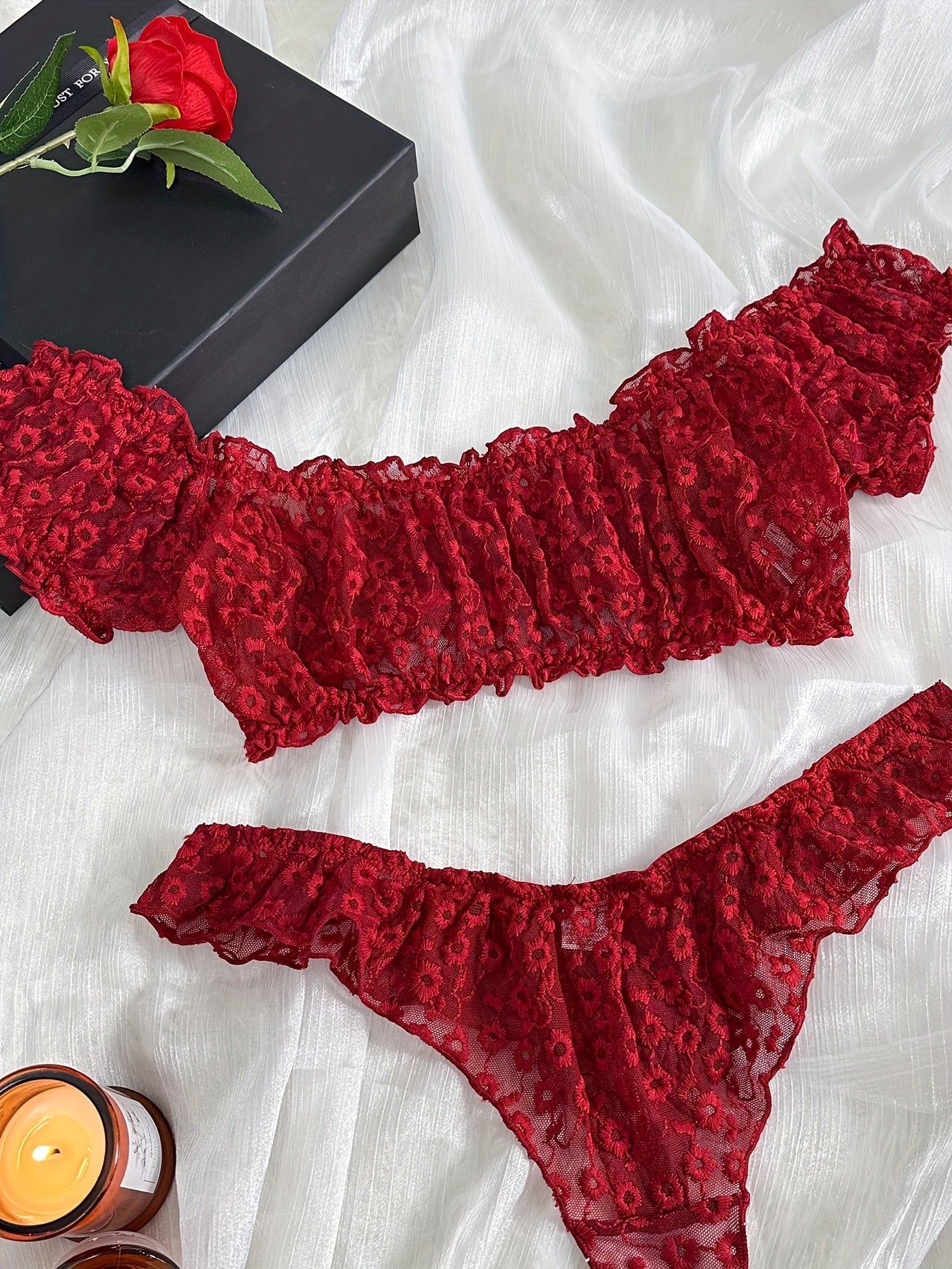 Women's Floral Embroidery Lingerie Set with Crop Top and Lettuce Trim Panty