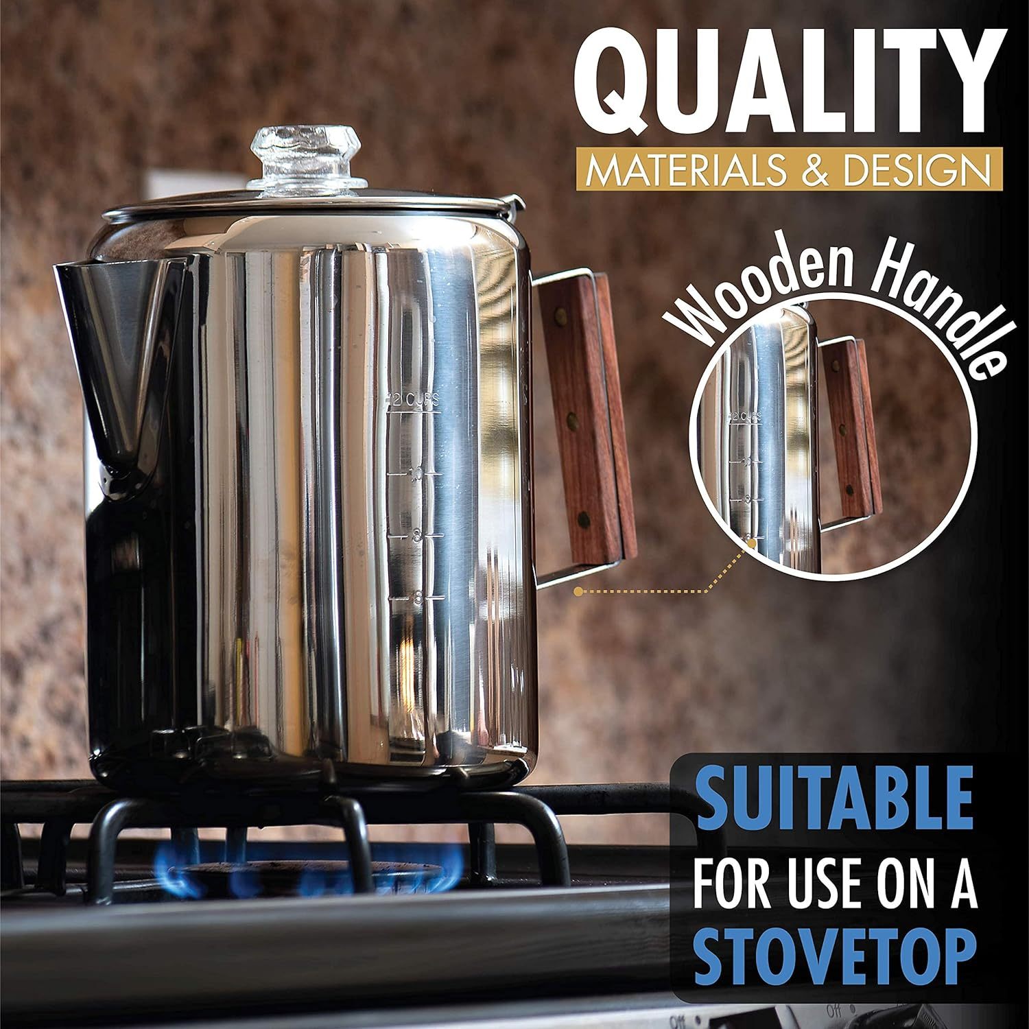 9-Cup Stainless Steel Coffee Maker with Wooden Handle No Electricity Camping