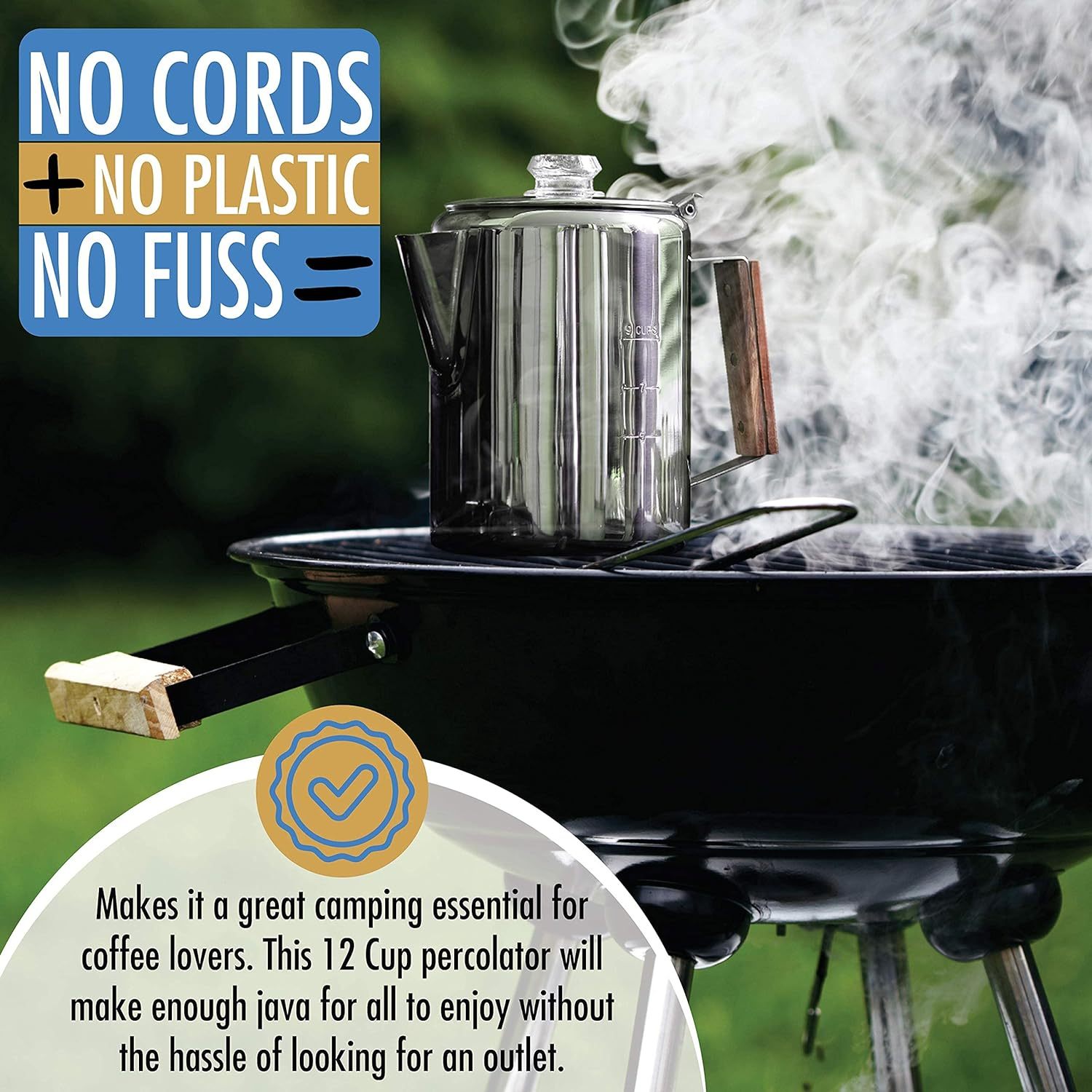 9-Cup Stainless Steel Coffee Maker with Wooden Handle No Electricity Camping