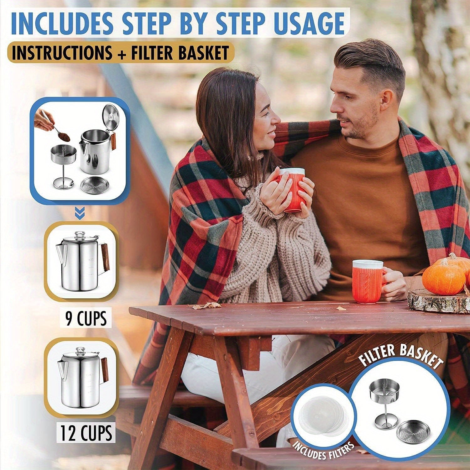 9 stakanli zanglamaydigan po'latdan yasalgan qahva tayyorlagich, yog'och tutqichli, elektriksiz, lager uchun