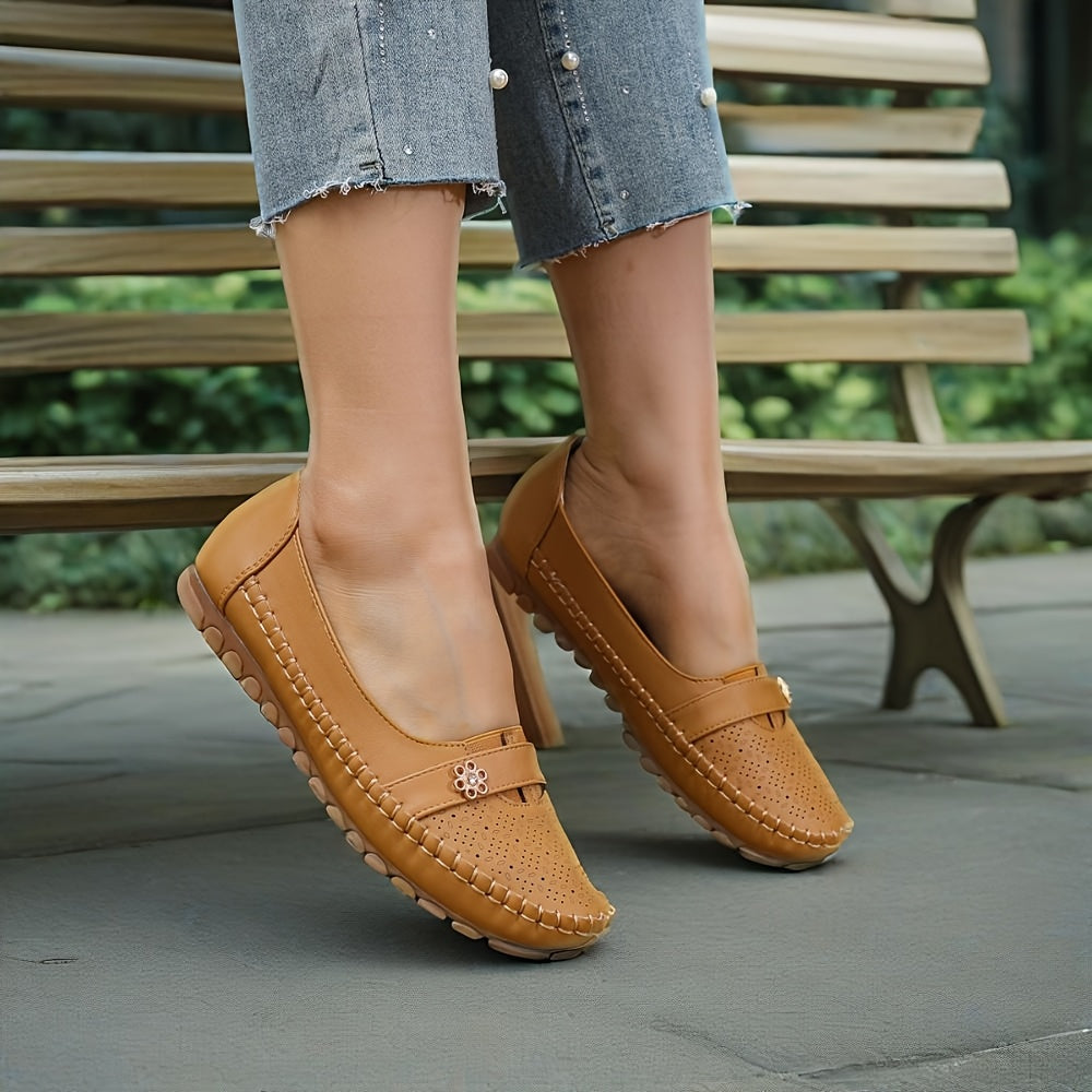 Women's Slip-On Loafers Breathable PU Beige Perforated Comfort Casual Shoes