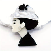 Art Deco akril brosh with elegant lady and marbled hat