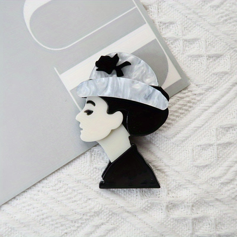 Broche de acrílico Art Deco con dama elegante y sombrero marmolado