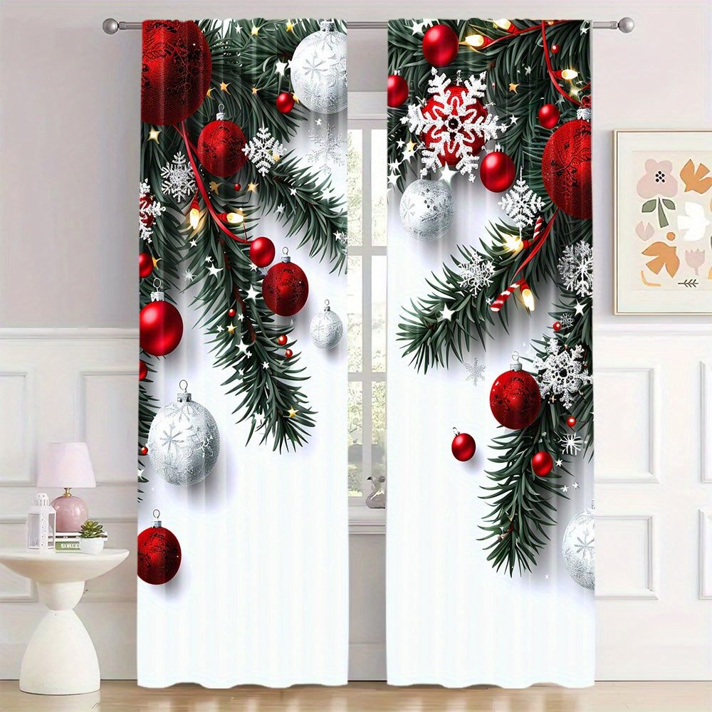 Christmas Ball and Leaf Design Curtain Set 2 Pieces Polyester Digital Print Rod Pocket Living Room Bedroom Kitchen Decor