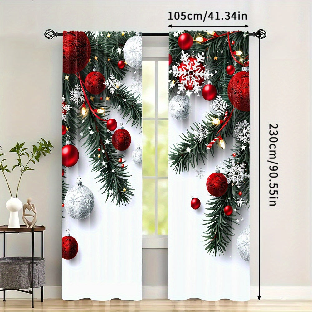 Christmas Ball and Leaf Design Curtain Set 2 Pieces Polyester Digital Print Rod Pocket Living Room Bedroom Kitchen Decor