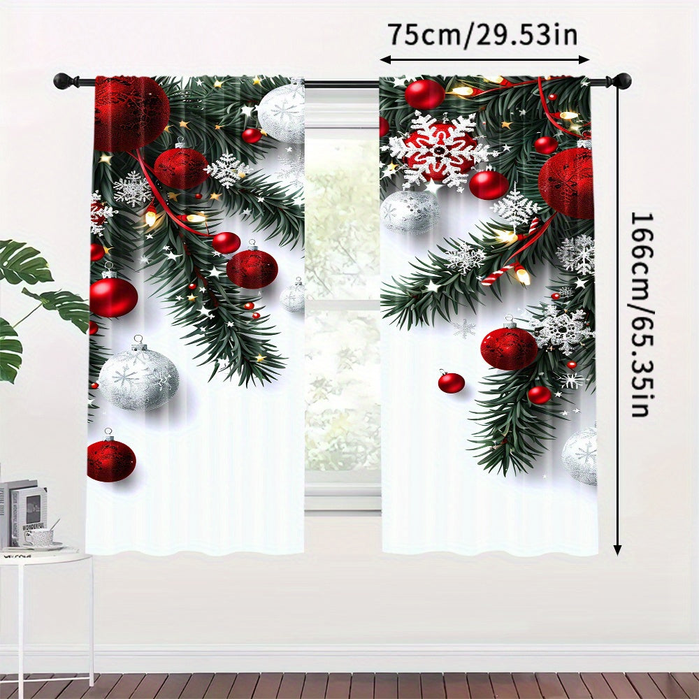 Christmas Ball and Leaf Design Curtain Set 2 Pieces Polyester Digital Print Rod Pocket Living Room Bedroom Kitchen Decor