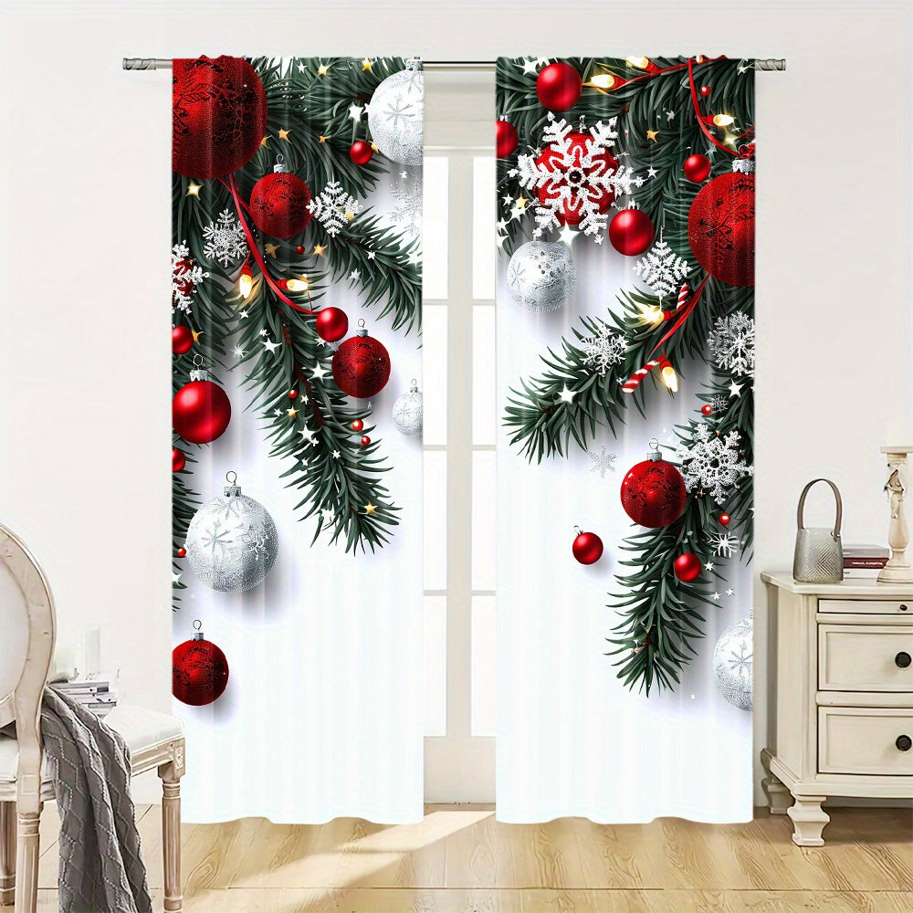 Christmas Ball and Leaf Design Curtain Set 2 Pieces Polyester Digital Print Rod Pocket Living Room Bedroom Kitchen Decor