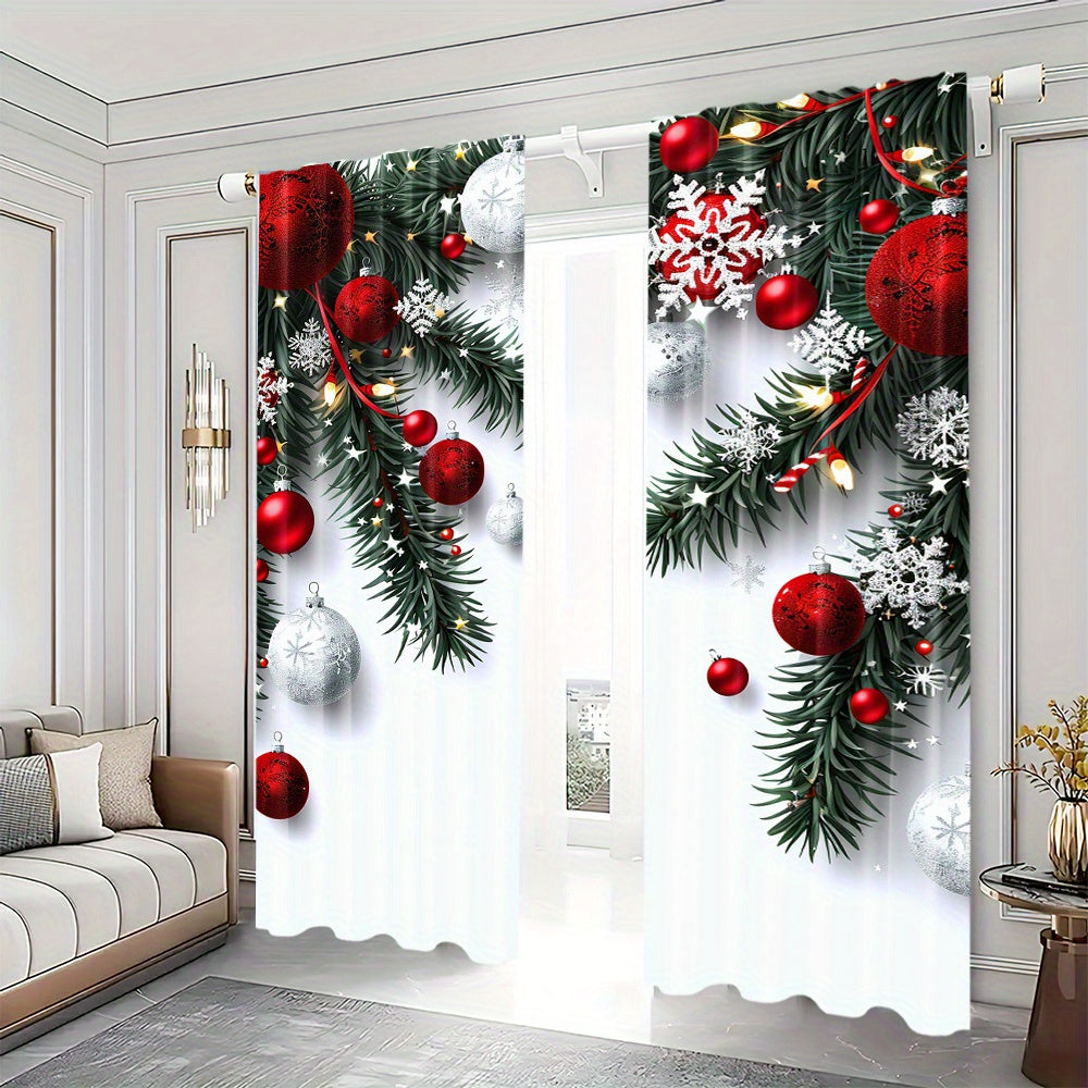 Christmas Ball and Leaf Design Curtain Set 2 Pieces Polyester Digital Print Rod Pocket Living Room Bedroom Kitchen Decor
