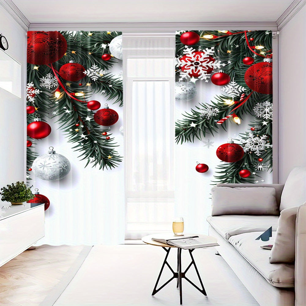 Christmas Ball and Leaf Design Curtain Set 2 Pieces Polyester Digital Print Rod Pocket Living Room Bedroom Kitchen Decor