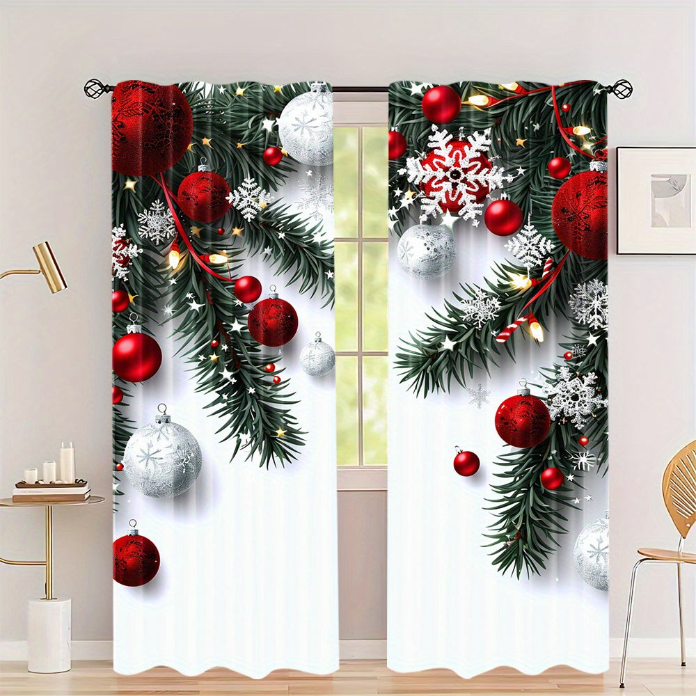 Christmas Ball and Leaf Design Curtain Set 2 Pieces Polyester Digital Print Rod Pocket Living Room Bedroom Kitchen Decor