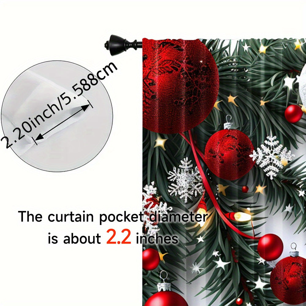 Christmas Ball and Leaf Design Curtain Set 2 Pieces Polyester Digital Print Rod Pocket Living Room Bedroom Kitchen Decor